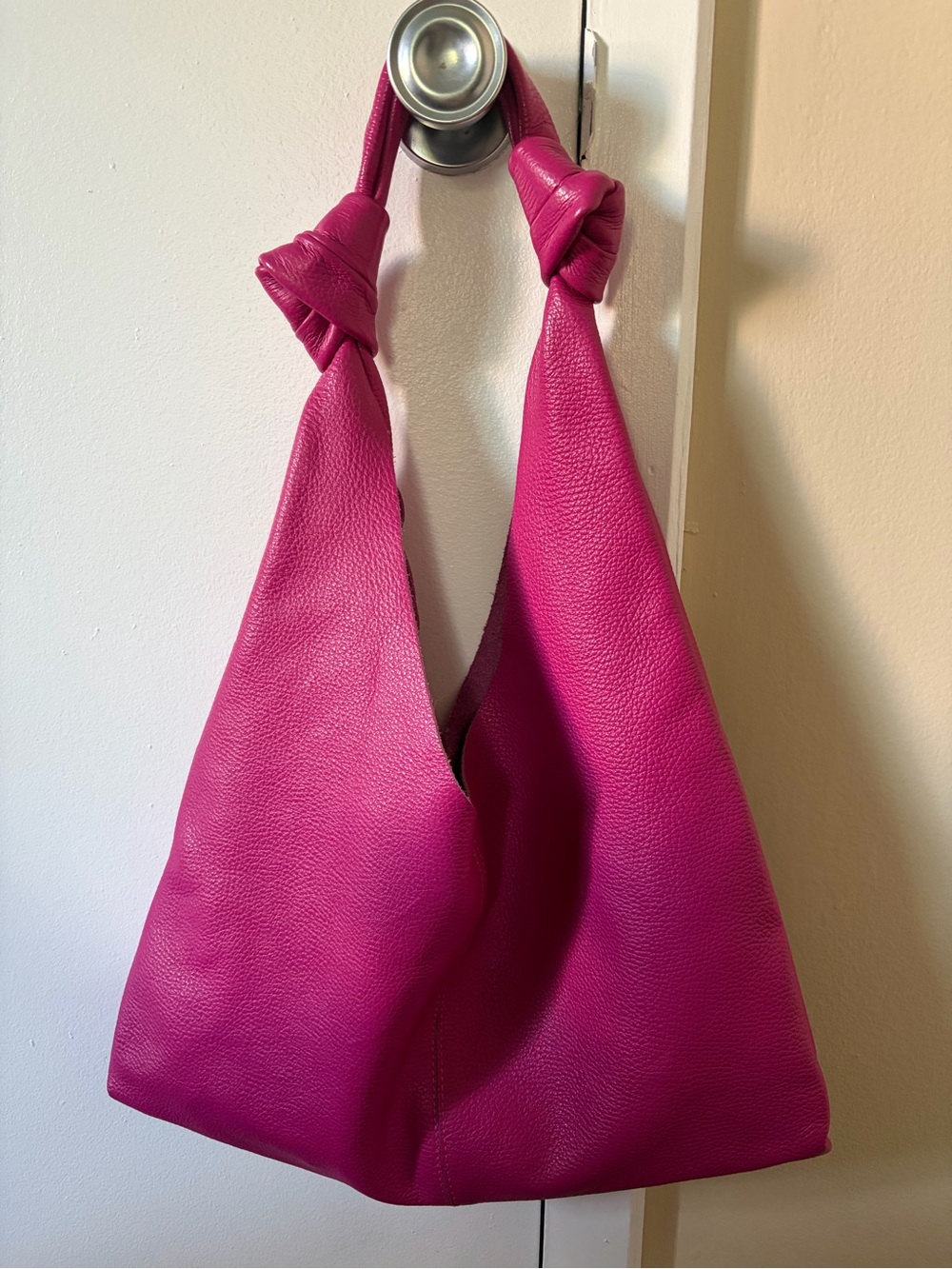 Leather Shoulder Hobo Bag in Fuchsia Pink